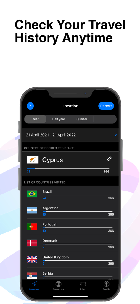 Tax Resident - Days Tracker - Tax Resident app interface showing travel history and days spent in different countries for tax compliance.