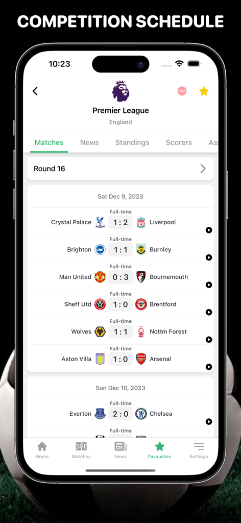 Golasso - Football Livescore - Golasso app interface showing English Premier League soccer match results and schedule