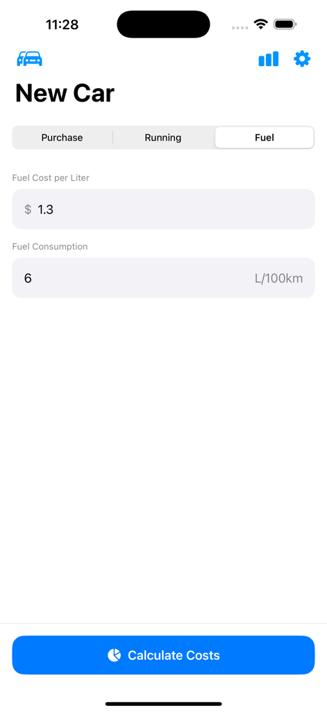 Car Monthly Costs - Mobile app interface for entering fuel cost per liter and fuel consumption for a new car calculation.