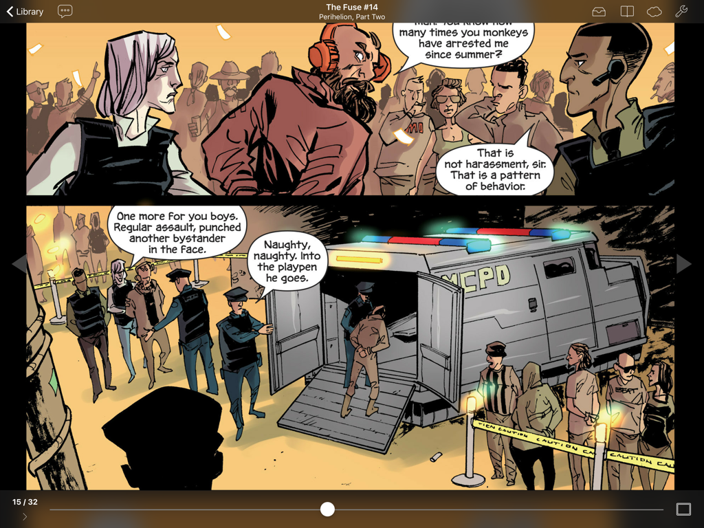 Chunky Comic Reader app displaying a digital comic page on an iPad screen.