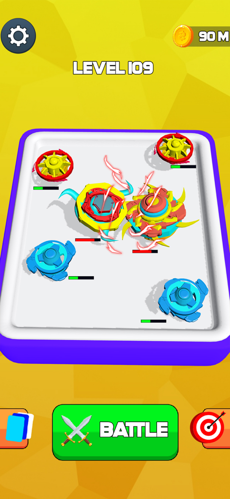 Spinner Merge Battle - Spinner Merge Battle gameplay showing various colored spinners clashing in a battle arena at level 109