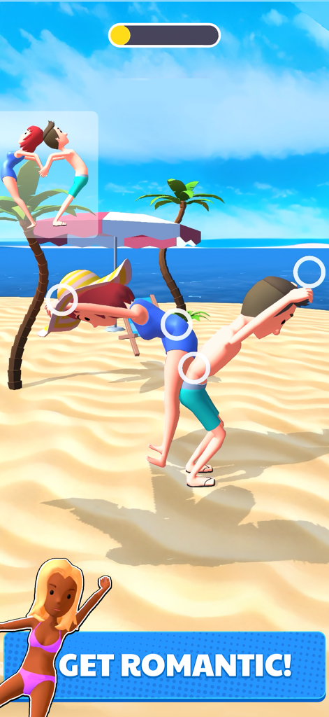 Move People - Captura de pantalla del juego de Move People donde el jugador manipula personajes en una playa para crear una pose romántica.