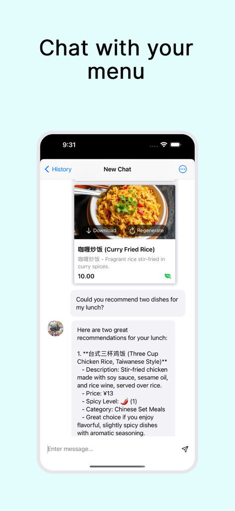 Interface showing an AI chatbot recommending dishes with photos and descriptions from a menu