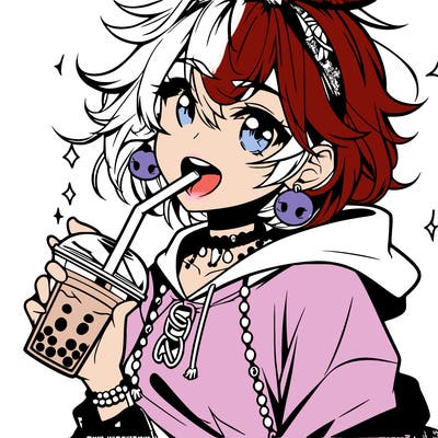 hot baddie anime girl drinking boba and biting the straw