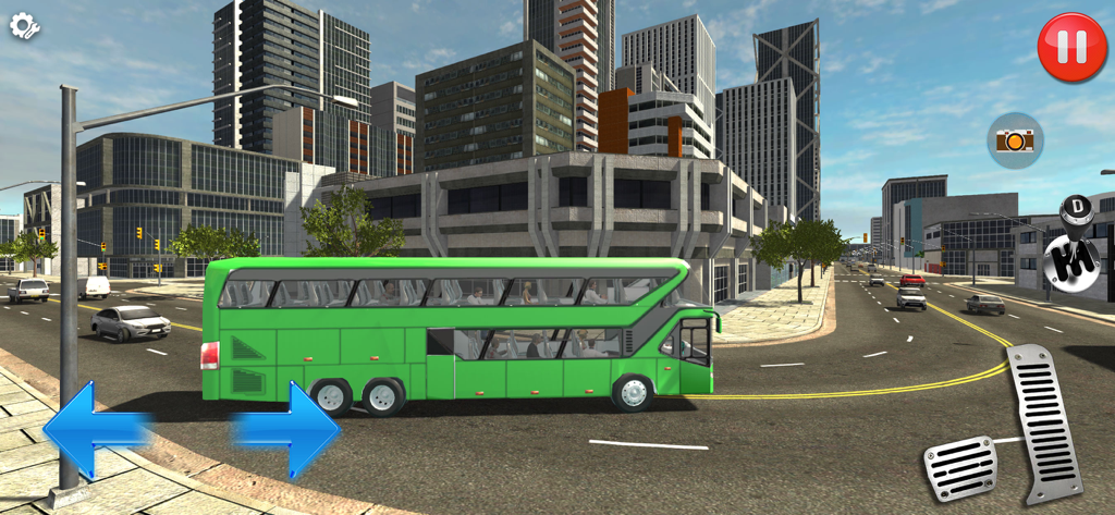 Bus Simulator - City Driving - Side view of a green double decker bus driving through a modern city with mobile gaming controls on screen