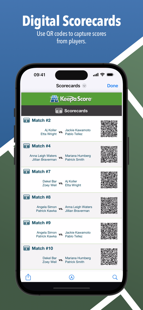 KeepaScore Pickleball Brackets - Digital scorecards interface with QR codes for pickleball match scoring in the KeepaScore app.