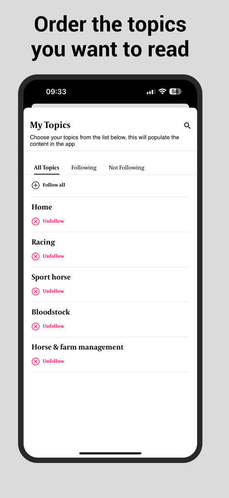 Captura de tela do aplicativo The Irish Field Live mostrando um menu para personalizar e ordenar tópicos de leitura como corridas e cavalos de raça pura