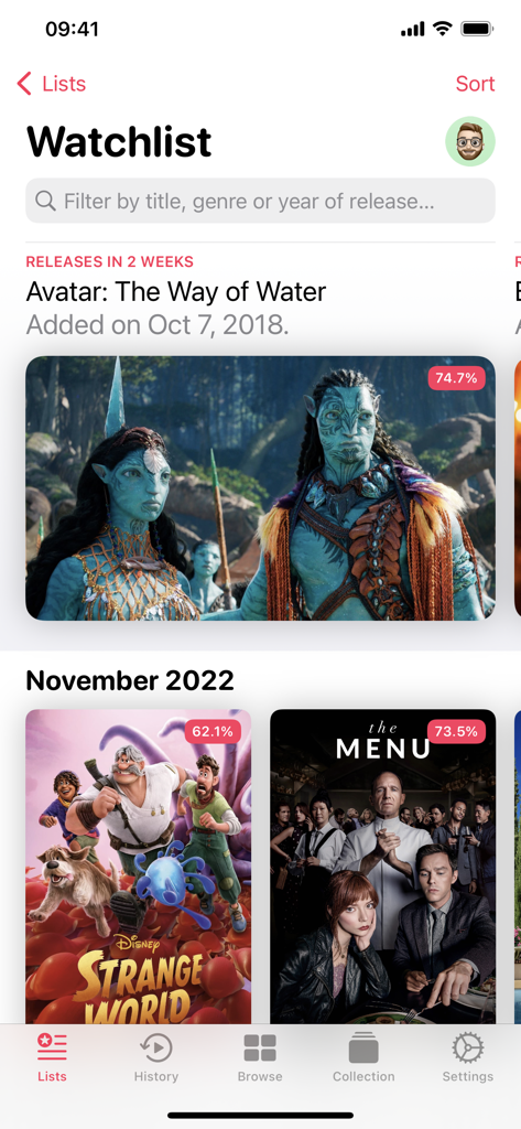Popcorn Movies - Interfaz de la aplicación Popcorn Movies mostrando una lista de seguimiento de películas con pósteres e información de lanzamiento.