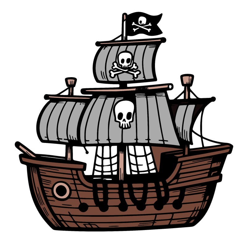 pirate ship – a small pirate ship with sails and a flag.