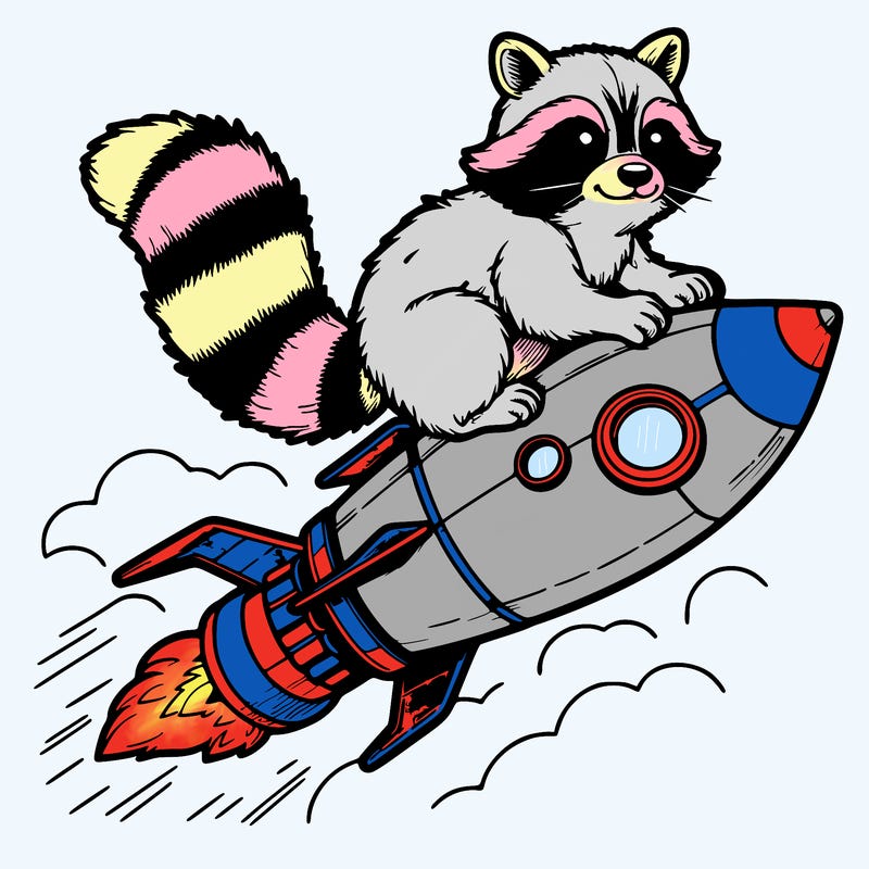 realistic raccoon flying on top rocket ship