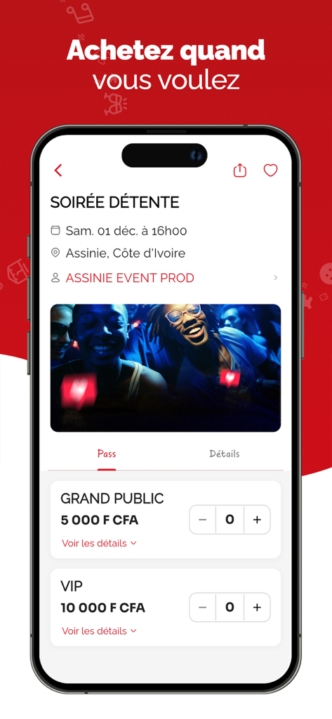 Ecrã da aplicação móvel Tikerama para selecionar e comprar bilhetes para eventos.