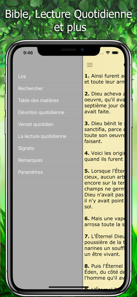 La Bible Traduction par Segond - A screenshot of the French Louis Segond Bible app showing the navigation menu and scripture text on an iPhone.