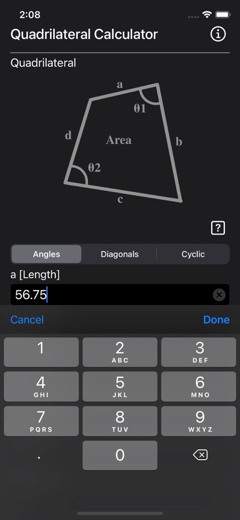 A mobile app interface for calculating quadrilateral area and perimeter showing a geometric diagram and a numeric keypad for entering side length.