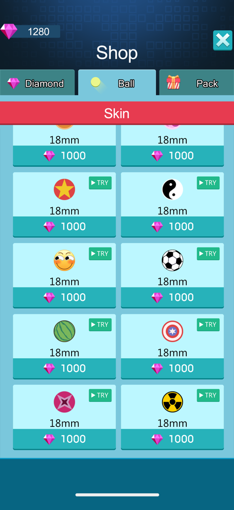 Bricks and Balls : Brick Game - In-game shop interface for Bricks and Balls showing various ball skins like a soccer ball and watermelon available for 1000 diamonds each