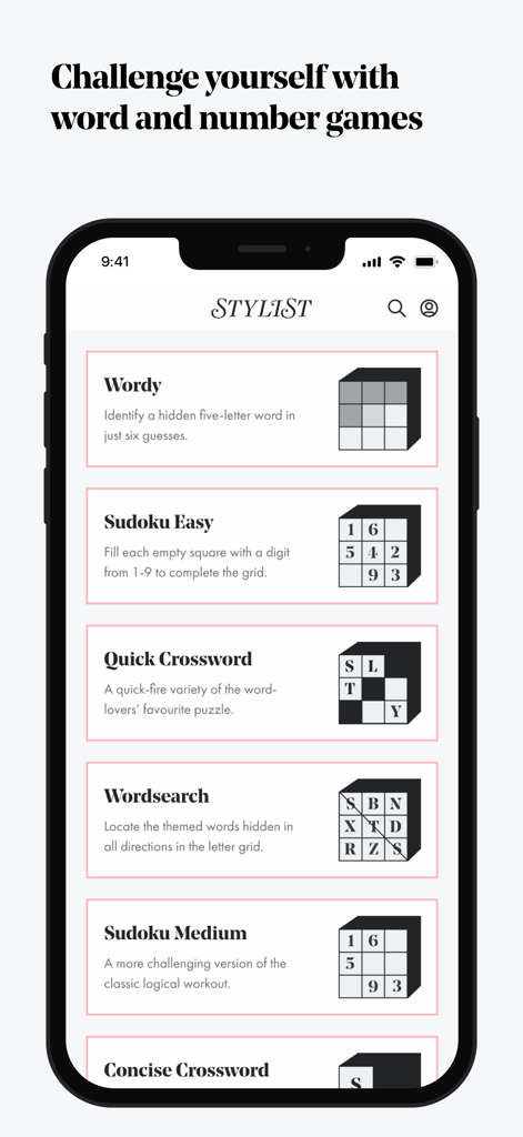 Stylist app interface showing a list of word and number games including Wordy Sudoku and Crosswords