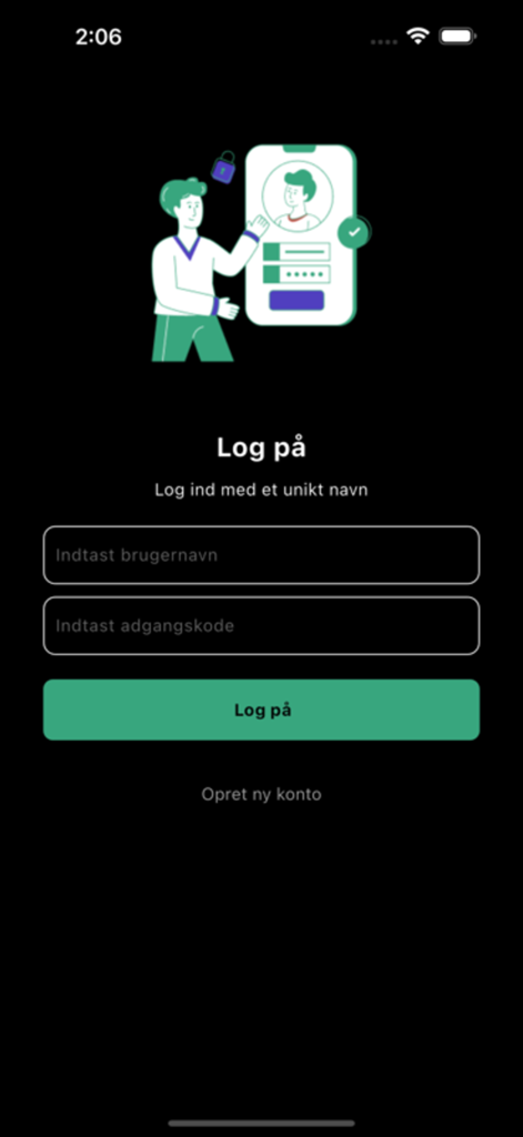 DGO - Schermata di accesso dell'app mobile DGO con campi per nome utente e password in danese