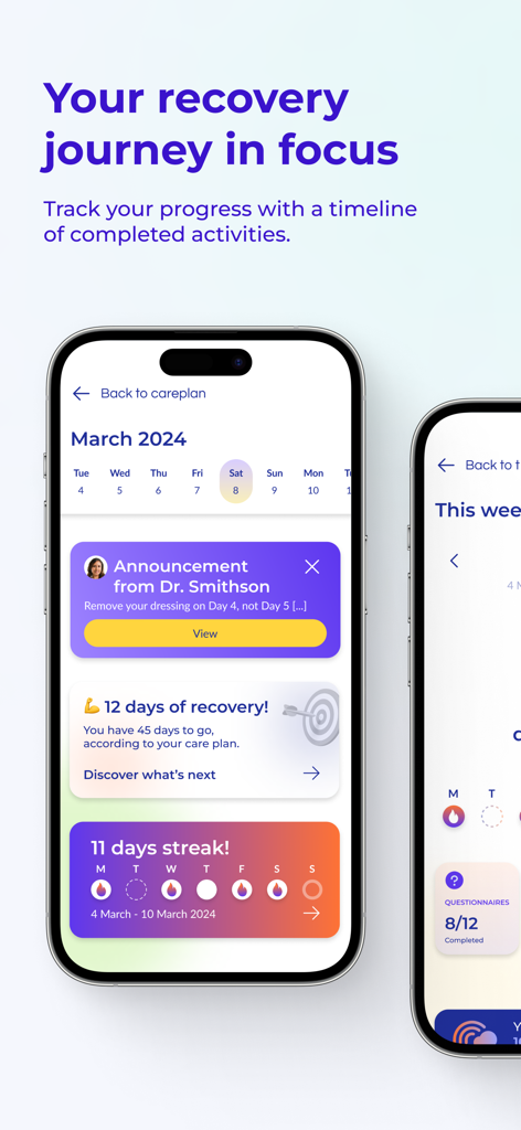 Post Op mobile app screen displaying a recovery journey timeline with doctor announcements and daily streaks