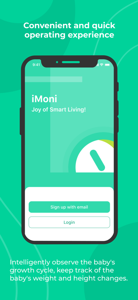 iMoni Health - track your body - iMoni Health mobile app login interface on an iPhone showing options to sign up or log in