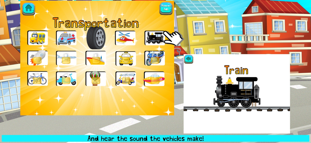 Things That Go! Vehicle Games - Educational app interface for toddlers showing transportation vehicles and a train flashcard