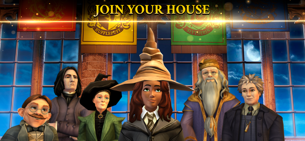 Harry Potter: Hogwarts Mystery - 組分け帽子をかぶった生徒のキャラクターが、ホグワーツの教授たちと寮の旗に囲まれている様子