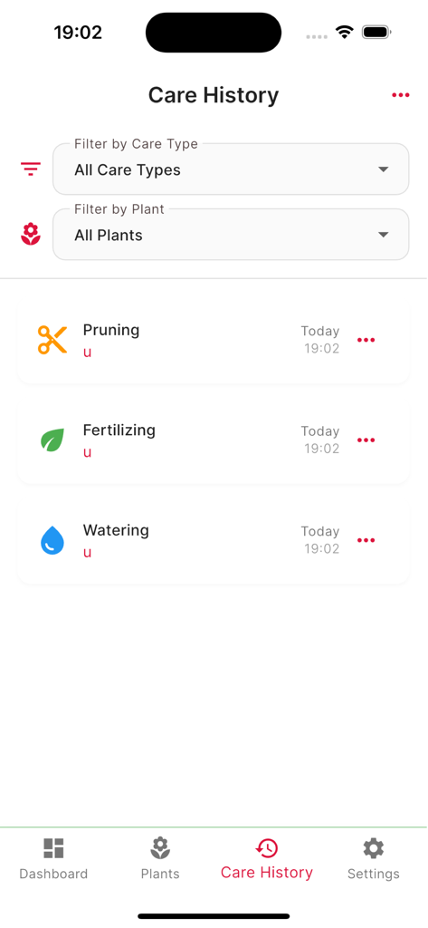 Comp Study: Gardening Life - Pantalla de historial de cuidados que muestra registros de actividades de poda, fertilización y riego