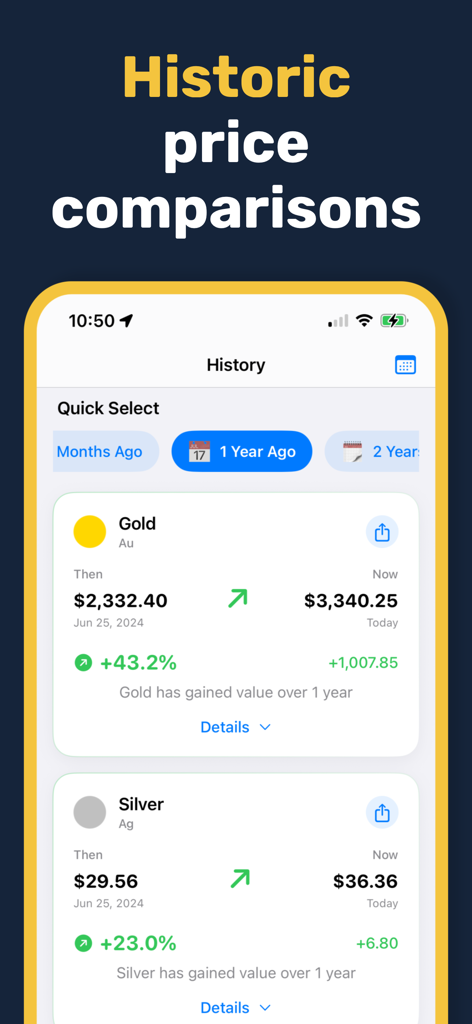 Gold & Silver Prices Live - App interface showing historic price comparisons for gold and silver over one year with percentage increases