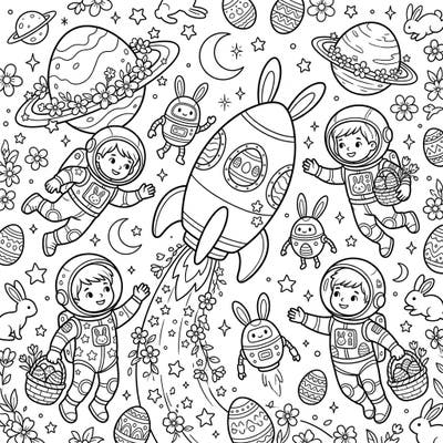 Prepare for an out-of-this-world Easter with this enchanting coloring page! Young astronauts explore a galaxy filled with rockets, planets, and delightful Easter surprises like bunny robots and decorated eggs.