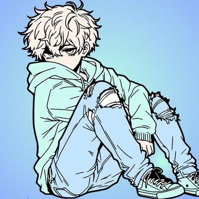 a male hoddie ripped jeans messy hair anime