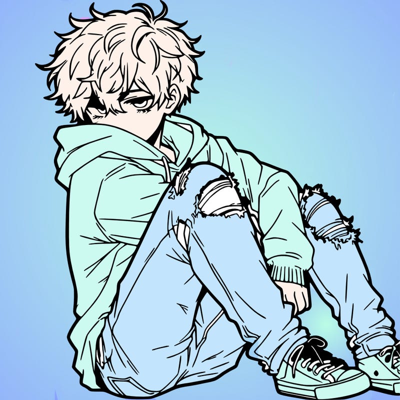 a male hoddie ripped jeans messy hair anime