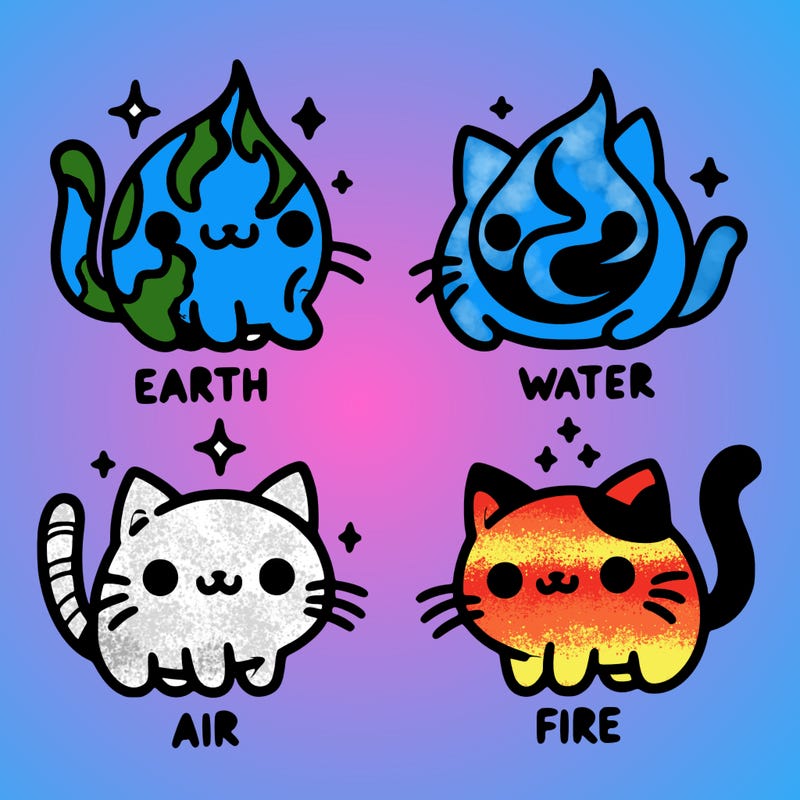 4 cats that represent the different elements, earth, water, air, and fire