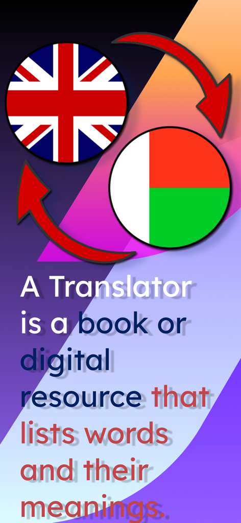 English Malagasy Translator - Graphic showing UK and Madagascar flags with arrows indicating bidirectional translation