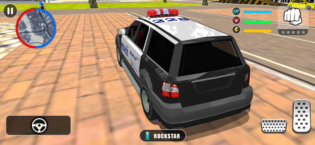 Vista de juego en tercera persona de un coche de policía en una calle urbana dentro de Crime Town Gully Simulator.