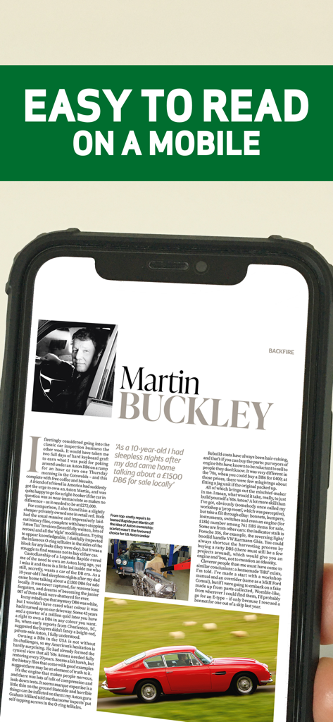 Classic & Sports Car - Smartphone displaying a digital magazine article from the Classic and Sports Car app showing a red vintage car and expert journalism.