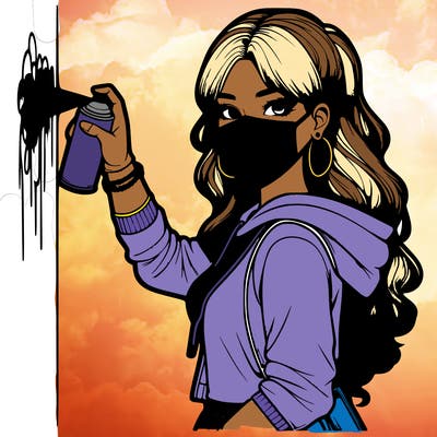 realistic girl with mask spray painting a wall