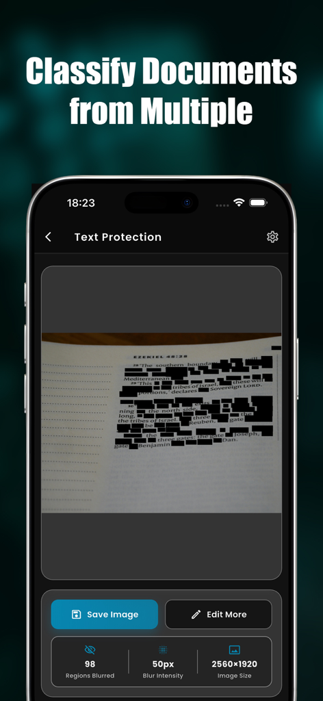 PrivacyBlur app interface showing automatic text redaction on a document with ninety eight regions blurred