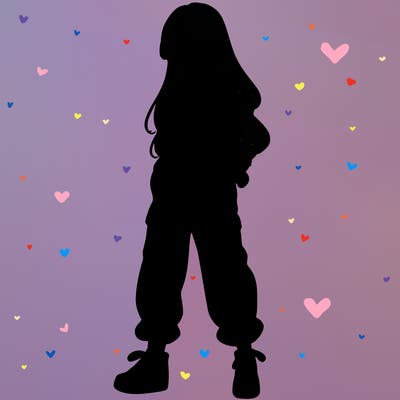 girl in baggy pants crop top and long hair