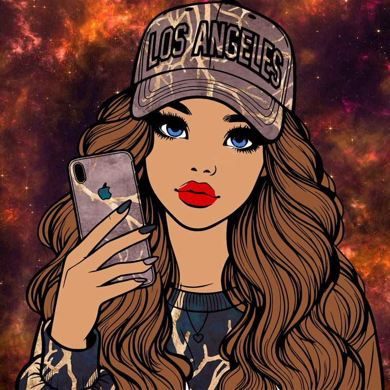 realistic beautiful girl wearing los ángeles cap holding an iphone