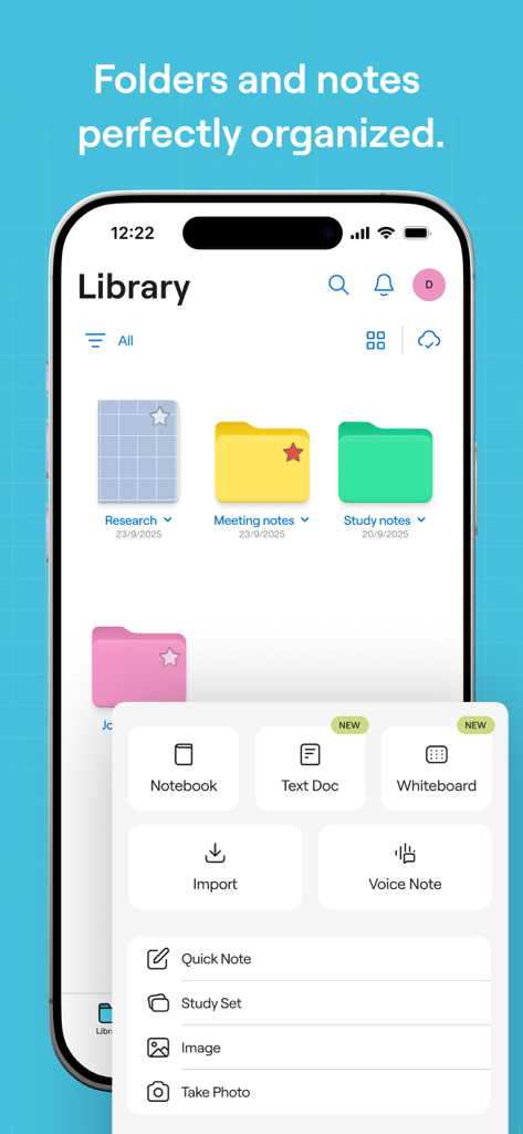Goodnotes app library screen on iPhone showing organized folders and a menu to create new notebooks and whiteboards