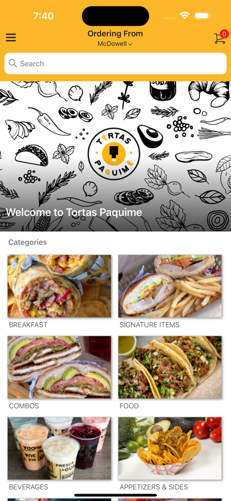 Tortas Paquime - Tortas Paquime app interface showing food categories with photos of tortas tacos and drinks