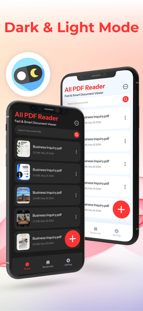 All PDF Reader - 2台のiPhoneで、All PDF Readerアプリのインターフェイスのダークモードとライトモードの比較