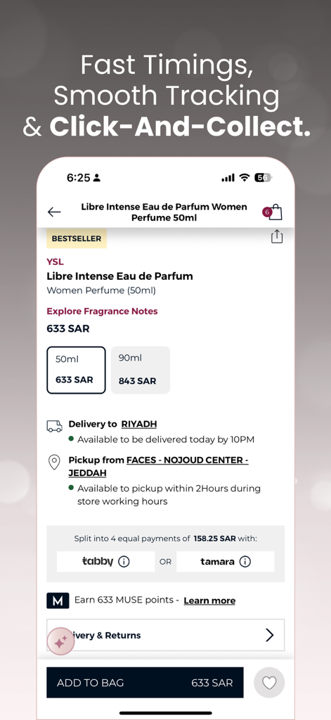 FACES Beauty – فيسز - FACES Beauty app screenshot showing a YSL perfume product page with price and delivery options in Saudi Arabia