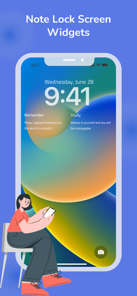 Pantalla de bloqueo de iPhone que muestra widgets de notas personalizadas y recordatorios de estudio de la aplicación Color Note