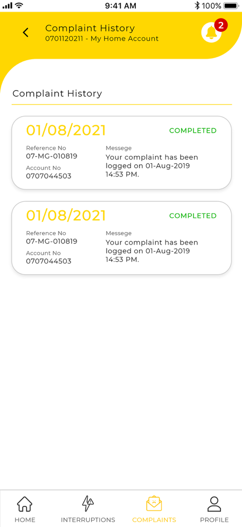Mobile app screen showing a list of completed service complaints with dates and reference numbers