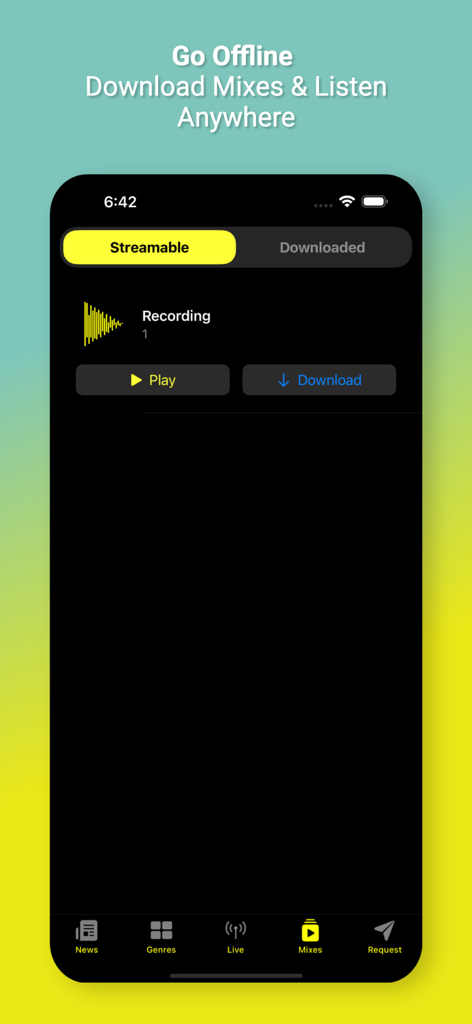 The Yellow Station - The Yellow Station app showing music mixes with options to stream or download for offline listening