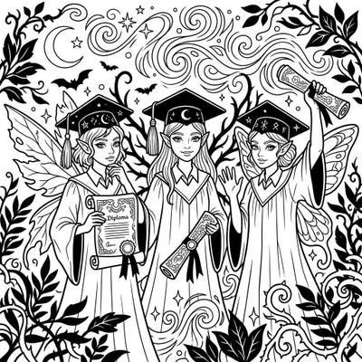 Step into a magical world where dark fairies celebrate their momentous graduation day with this captivating coloring page. Adorned in academic regalia and holding their hard-earned diplomas, these mystical graduates invite you to bring their enchanting scene to life.
