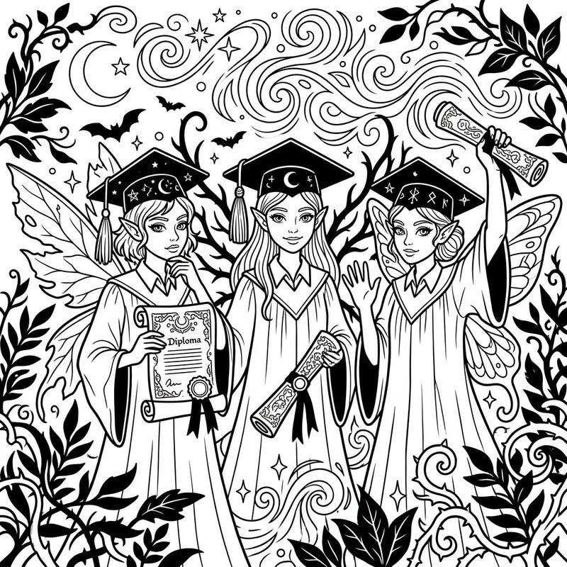 Step into a magical world where dark fairies celebrate their momentous graduation day with this captivating coloring page. Adorned in academic regalia and holding their hard-earned diplomas, these mystical graduates invite you to bring their enchanting scene to life.