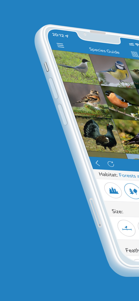 iKnow Birds 2 PRO - Europe - Mobile app screen showing a grid of European bird species and identification filters