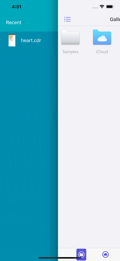 VectorView app interface showing recent CDR files and gallery folders for Samples and iCloud