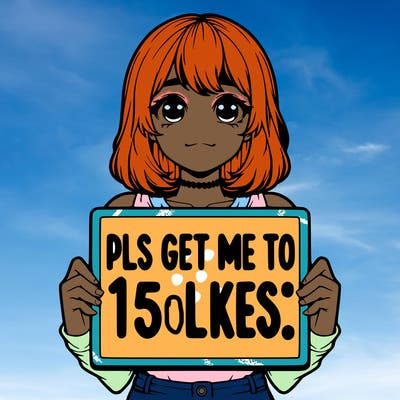 realistic girl holding up a sign that says “pls get me to 15 likes!”