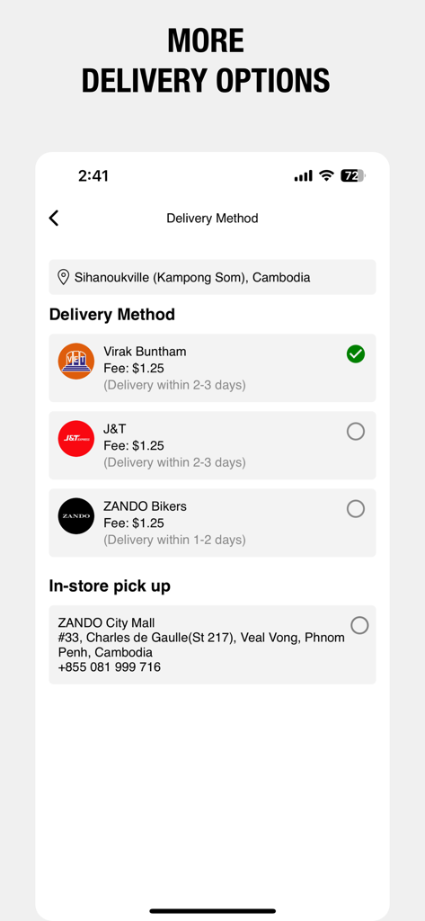 Pantalla de pago de la aplicación ZANDO que muestra múltiples métodos de entrega y opciones de recogida en tienda en Camboya